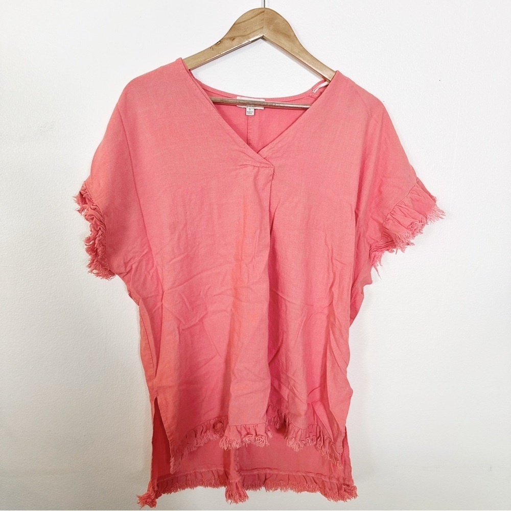 Umgee Coral Fringe Short Sleeve V-Neck Tunic small